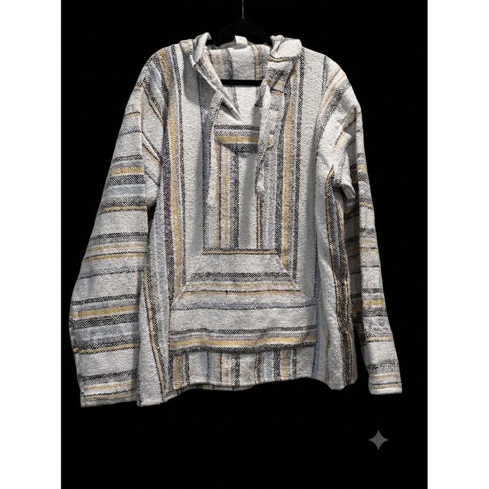 VINTAGE Molina Baja Hoodie Mexico Warm Pullover White Grey Yellow Stripe Men XL